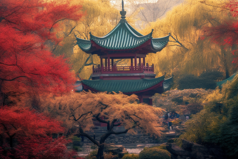 诗情画意的风景晚秋枫叶林中亭台楼阁摄影背景,高清,摄影图,摄影图片,图片大全,摄影图免费下载